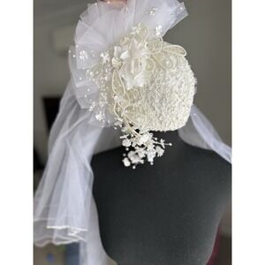 Vintage bohemian Bridal Hat Veil‎ White Lace Beaded Floral Wedding 30" w/comb